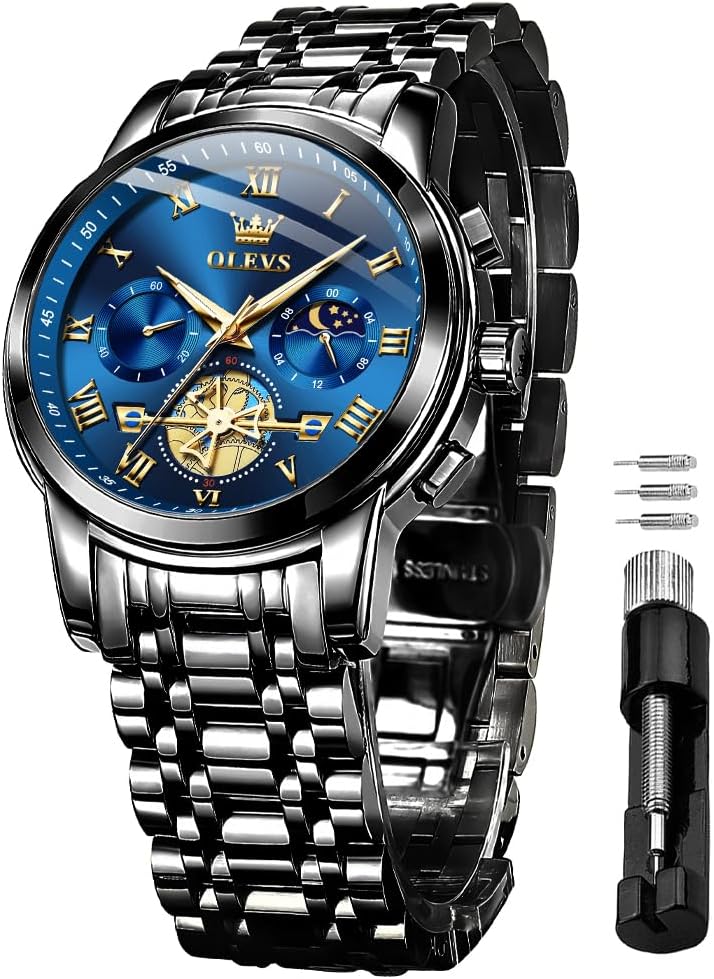 OLEVS Watches for Men Chronograph Business Wrist Watches Analog Quartz Moon Phase Stainless Steel Waterproof Luminous Dress Watches