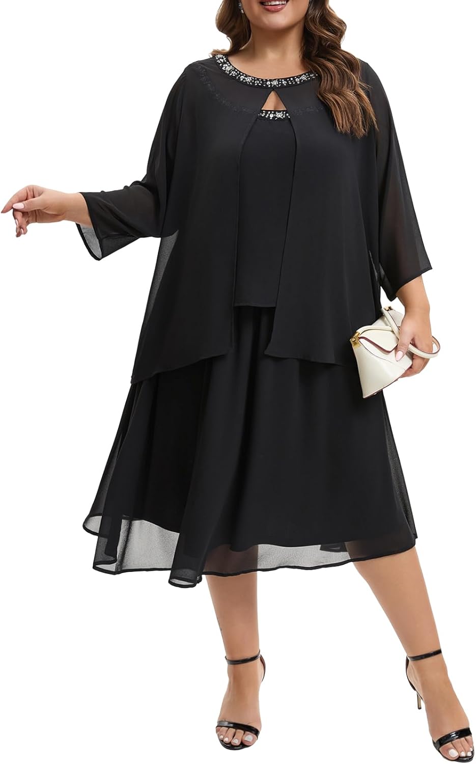 Plus Size Mother of The Bride Chiffon Dress and Jacket 2 Piece Set with Beaded Round Neck for Formal Wedding Guest Outfit