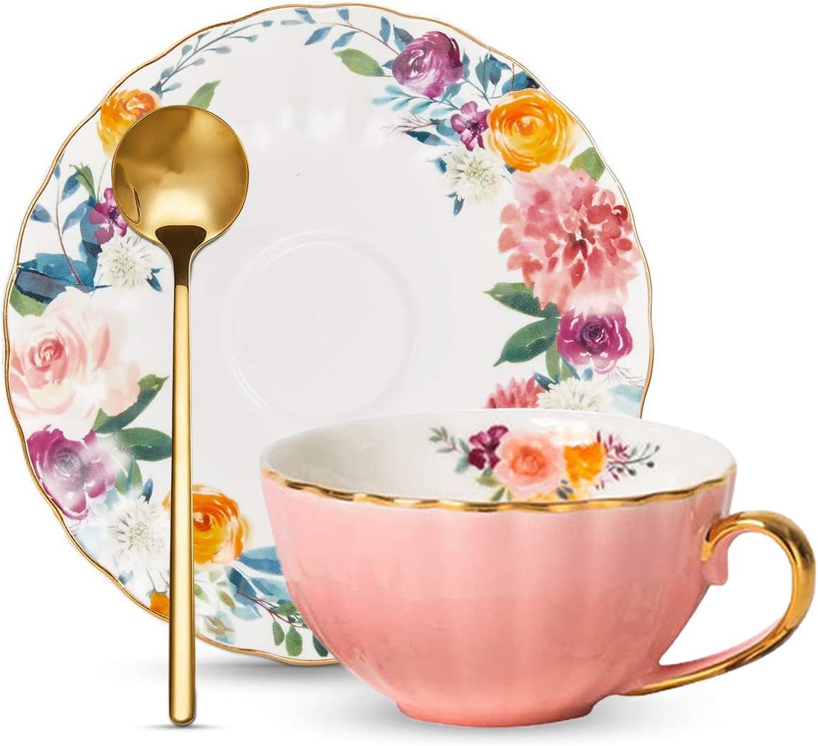 ONEUSTAR Tea Cup and Saucer Set for 1 Bone China English Tea Cup with Spoon Floral Teacup 8 oz British Coffee Latte Mug for Woomen Gifts, Pink