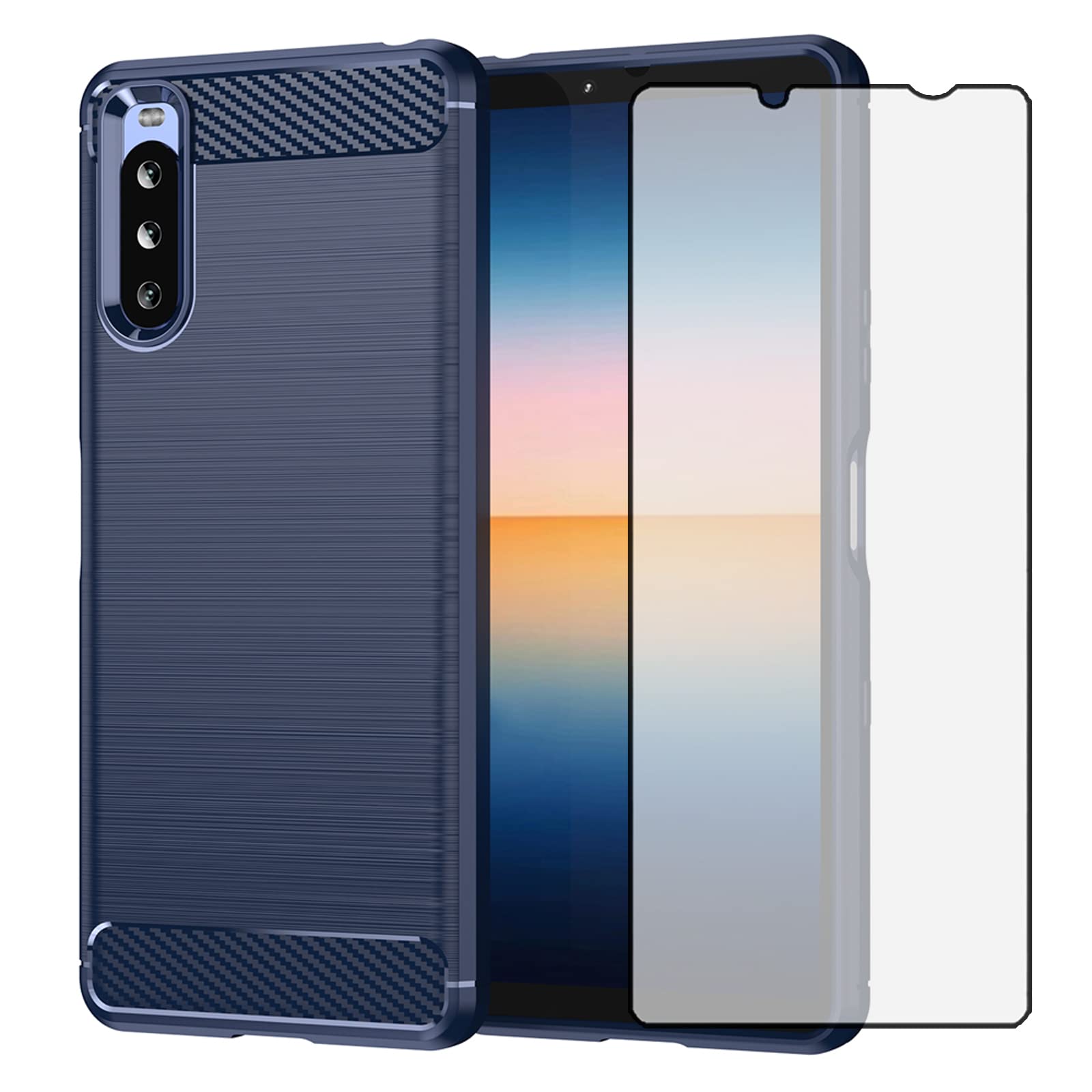 AsuwishCompatible with Sony Xperia 10 III 3 / Xperia10III 5G Phone Case and Tempered Glass Screen Protector with Shockproof Carbon Fiber Cell Accessories Experia 10III 5G XQ-BT52 for Women Men Blue
