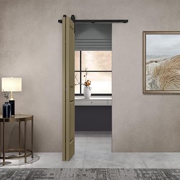 30 in. x 80 in. 2 Panel Olive Green Painted MDF Composite Bi-Fold Barn Door with Sliding Hardware Kit