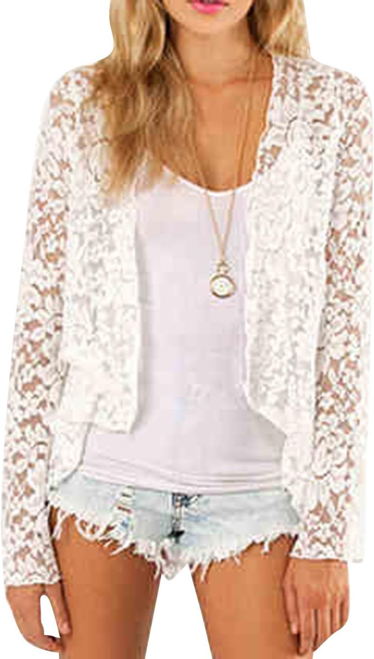 SMSS Women's Spring Fashion See Through Lace Open Front Shawl Cardigan White