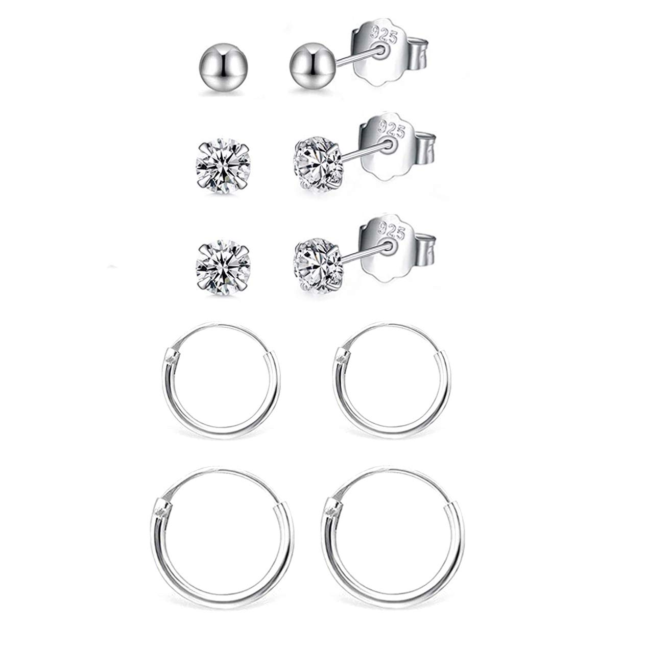 HAISWETJewellery Set 925 Sterling Silver 10MM 12MM Tiny Endless Hoop Earrings Set Cartilage CZ Ball Stud Earrings