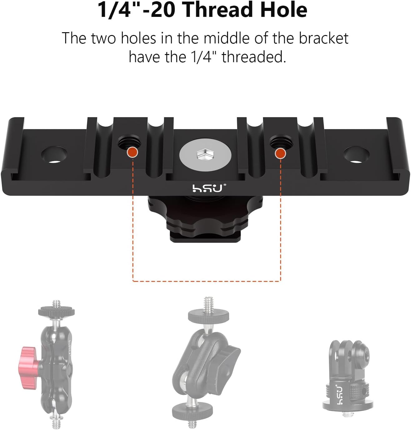 HSU Cold Shoe Mount Bracket, Triple-Head Hot Shoe Mount, 1/4 Screw Port, Aluminum Cold Shoe Plate Adapter with Cable Slot Bayonet for Microphone, Led Video Light, Monitor image 3