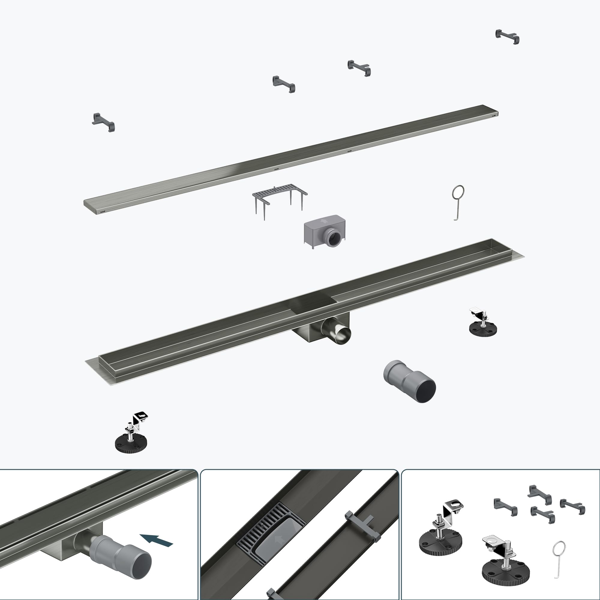 Mai & Mai Canaleta de Ducha de Acero Inoxidable sifón de desagüe para Cuarto de baño Rectangular, Canal de Drenaje Gris de 90cm con dispositivo desodorante y filtro de pelo 35L/min KE110