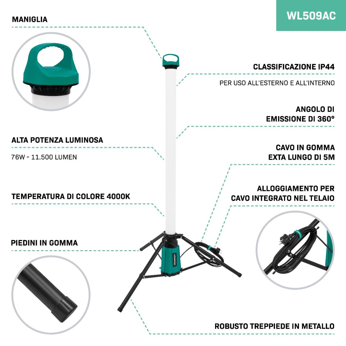 VONROC Lampada da lavoro LED 76W | 11.500 lumen | Luce 360° | IP44 per interno/esterno | Treppiede pieghevole | Cavo 5m | Faro da cantiere professionale per garage, campeggio, emergenze