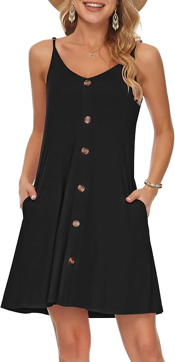 WNEEDU Womens Summer Spaghetti Strap Button Down V Neck Casual Beach Cover Up Dress with Pockets