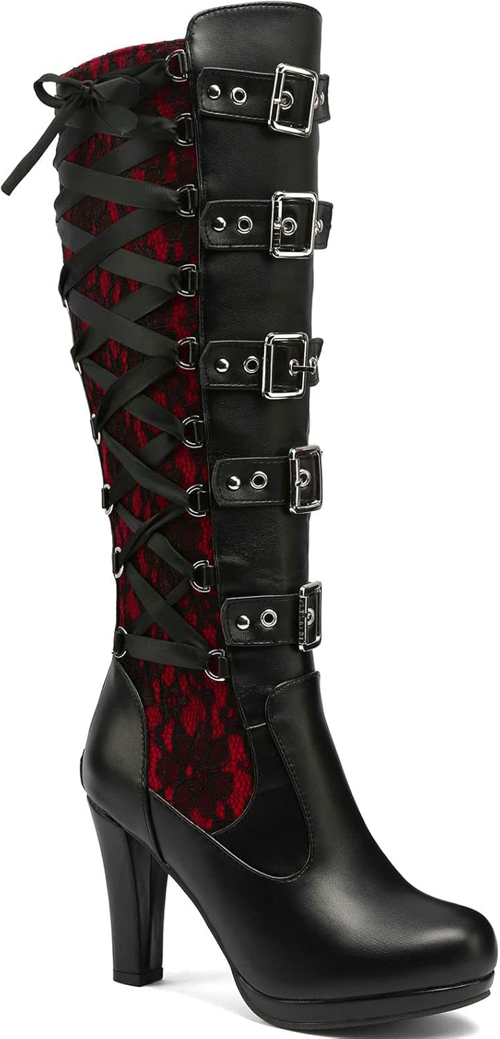 KysBloes Women Lace Goth Knee High Boots Buckle Block Heel Lace Up Knee Length Boots Punk Platform Tall Boots - Image 9
