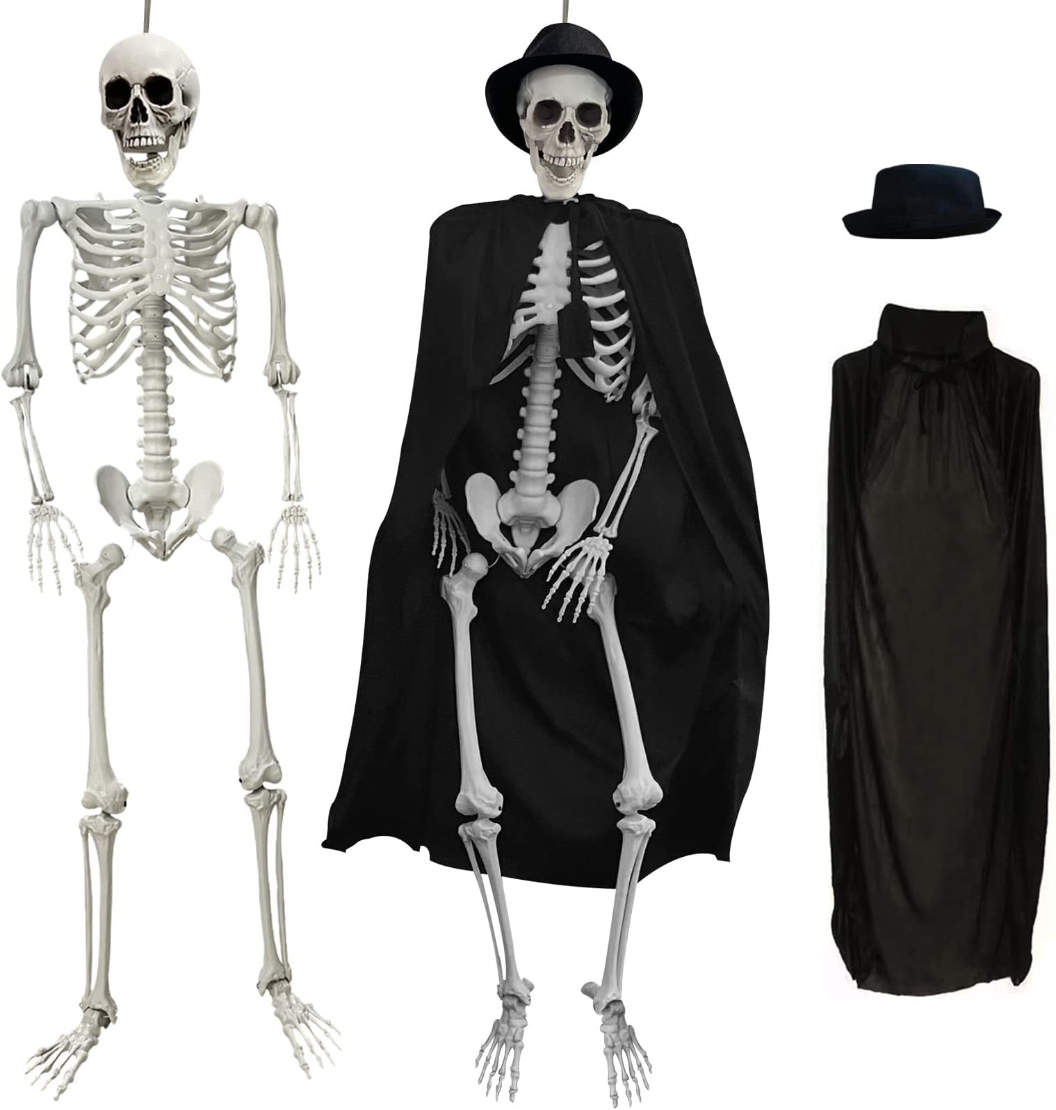 5.4 ft Halloween Poseable Skeleton, Life Size Skeleton Full Body Plastic Human Bones with Movable Joint for Halloween Party Decorations or Graveyard Props(with hat,Vampire Cloak) (5.4ft)