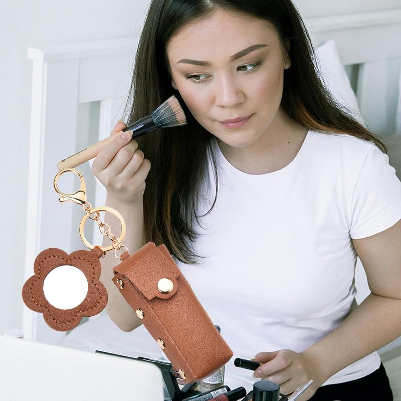 carl vinson® Floral Small Mirror Portable Mini Leather Lipstick Bag Snap Button | Dark Brown 3