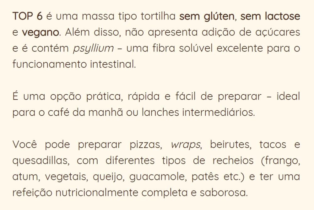 Top 6 Natural Life - Massa Tipo Tortilha Sem Glúten - Vegano - 170g