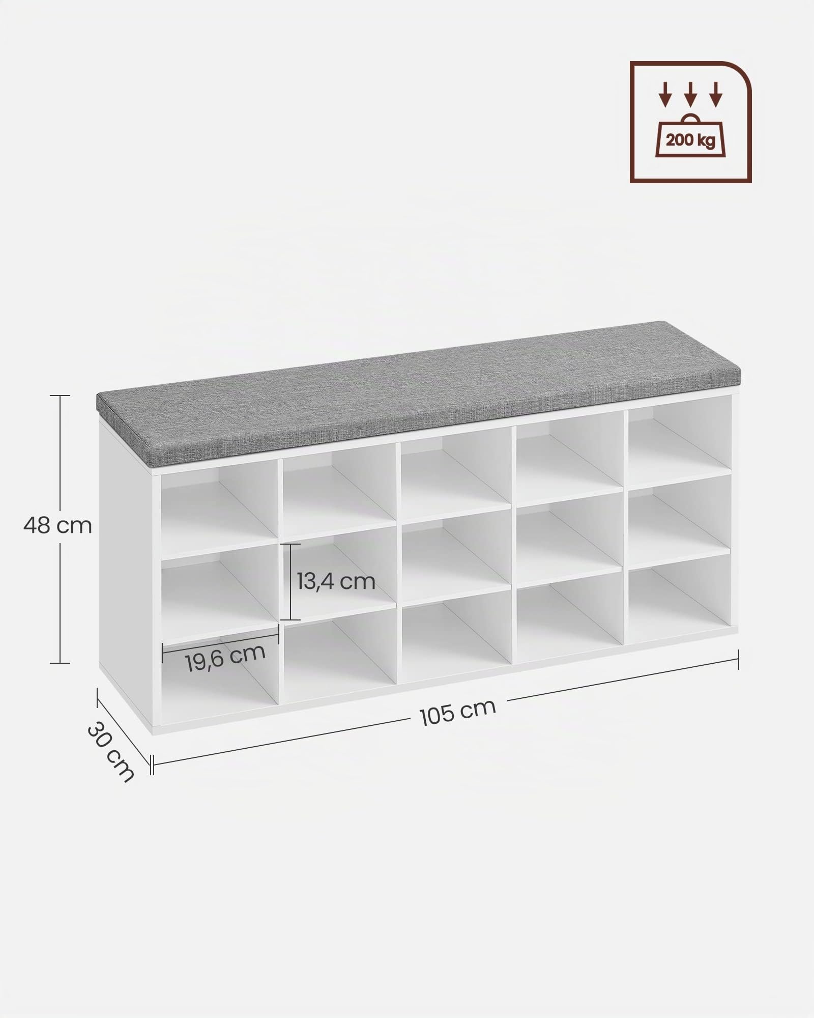 VASAGLE Custos Kollektion - Schuhbank, Schuhregal mit Sitzfläche, Sitzbank mit Stauraum, Kissen, 15 Fächer, für Wohnzimmer, Flur, 30 x 105 x 48 cm, wolkenweiß-Taubengrau LHS15WT