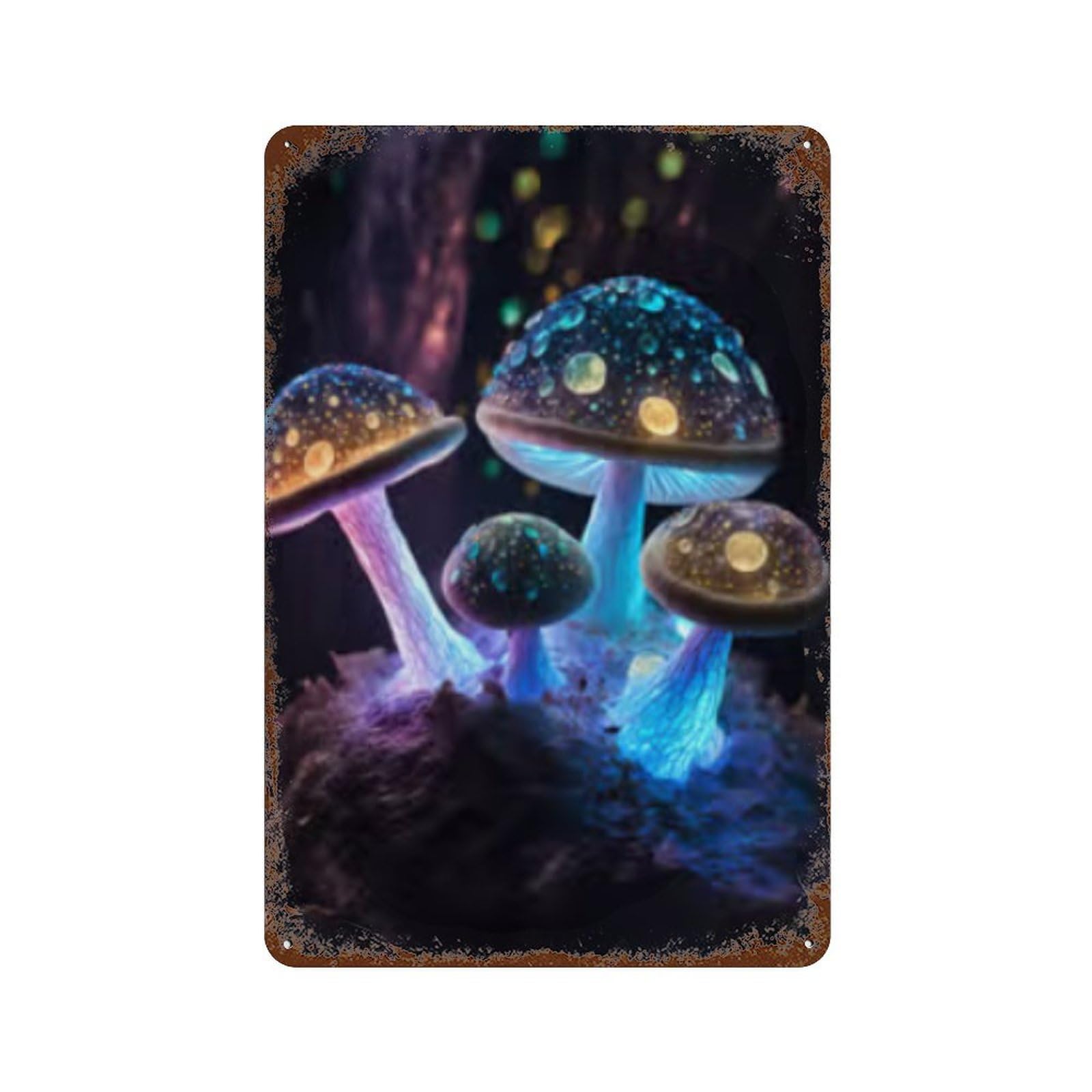 Distressed Metal Wall Sign Glowing Forest Mushrooms Decor 11.8"x7.9", Old School Wall Decor for Bistro, Counter And Cafe Decor