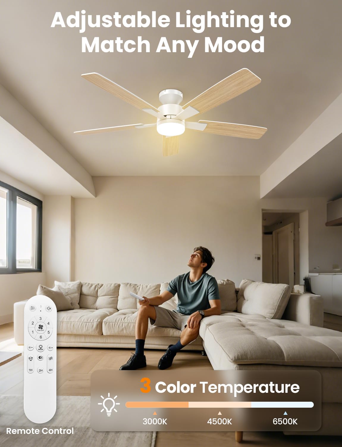 Airwit Ventilateur Plafond 132cm avec Lumière Silencieux, Télécommande, 6 Vitesses, LED Dimmable, Moteur DC Réversible