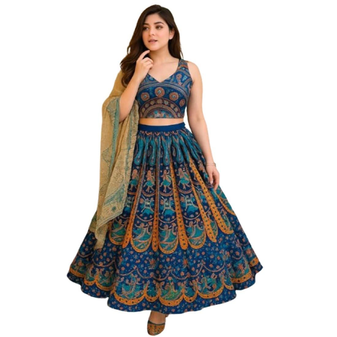 Traditional Lehenga Set, Mandala Print, Crop Top with Long Skirt-image-28