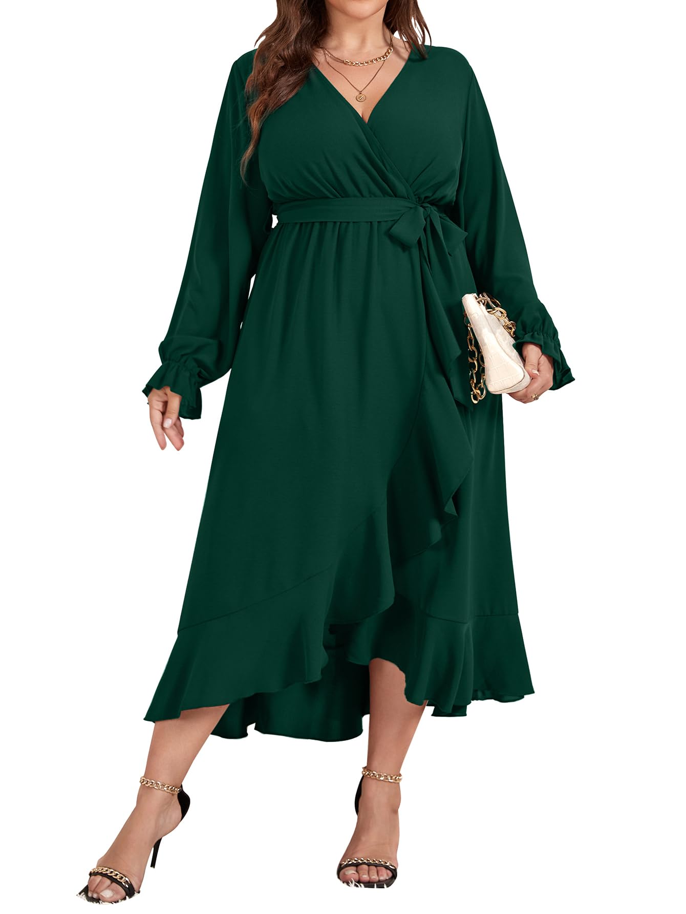 SCOMCHIC Women Plus Size Formal Dresses Fall Long Sleeve Faux Wrap V Neck High Low Ruffle Cocktail Wedding