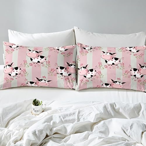 Miniatura 52 de Juego de ropa de cama de dibujos animados para niños, funda de edredón con estampado de vaca rosa, tamaño Queen, funda de edredón de piel de vaca