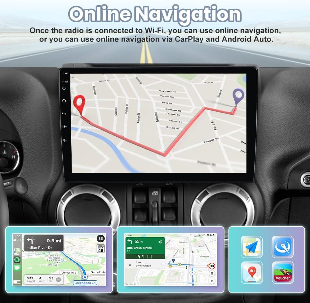 Android Radio for Jeep 2007-2016 with 10.1 inch Touchscreen, 4 Core CPU 2GB+64GB, Support Carplay, Android Auto, SWC, WiFi, Bluetooth, FM AM Radio, with Rear Camera