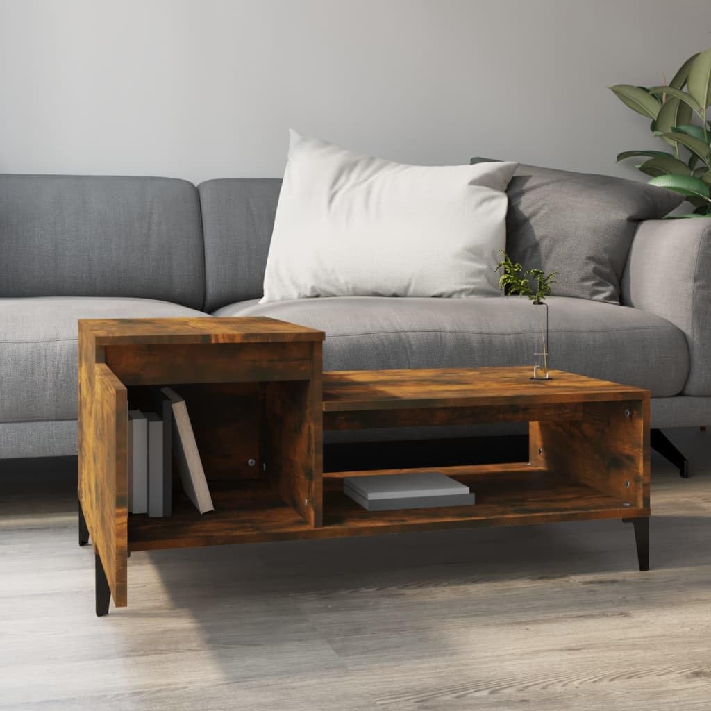 Mesa de centro de roble ahumado, 100 x 50 x 45 cm, de madera y metal, diseño moderno con espacio de almacenamiento y estante, pequeña mesa auxiliar para salón, sofá, mesa lateral