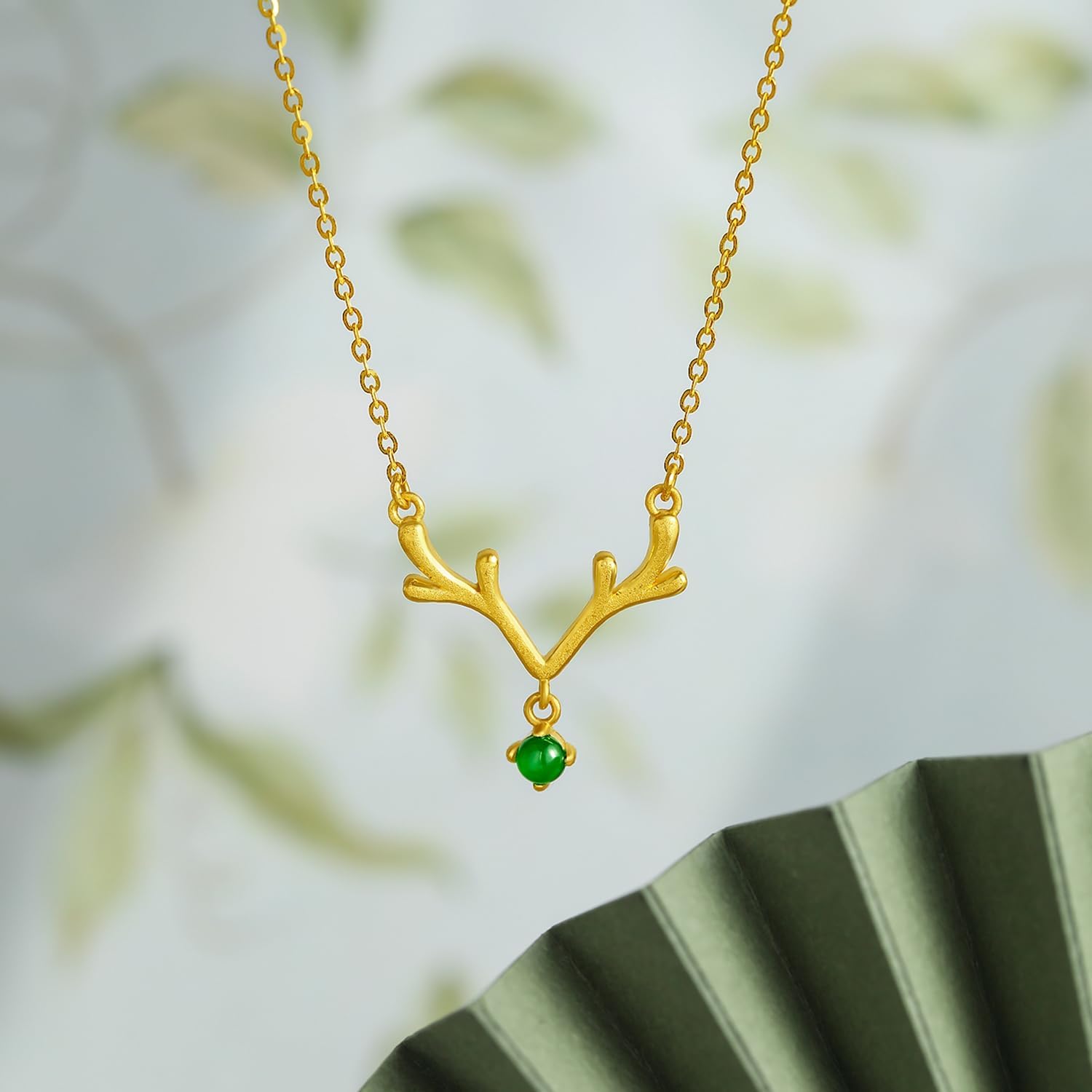 24K Solid Gold Pendant Necklace for Women, Real Pure Gold Green Jade Jewelry Accessory Antler Pendant Necklace for Men Girlfriend (Gold Necklace Included)