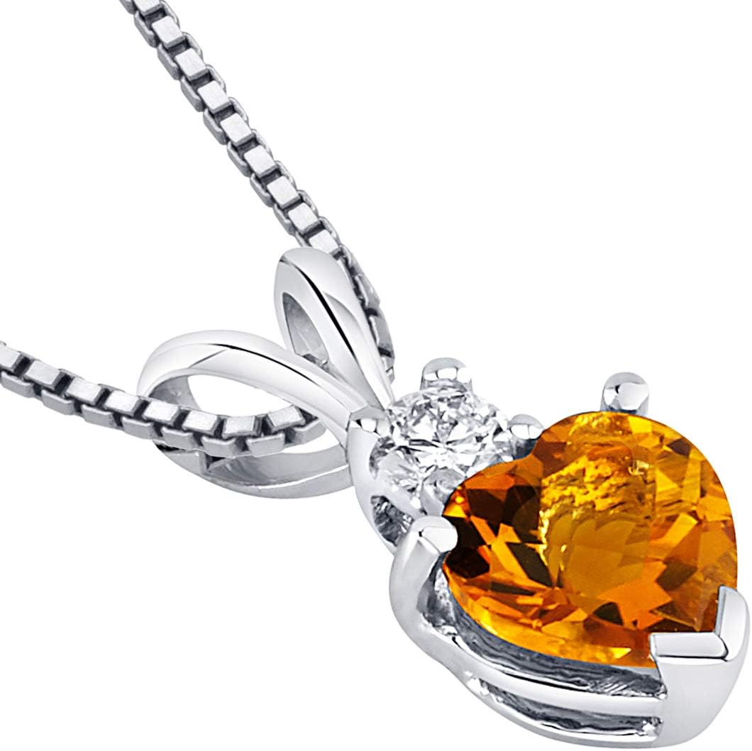 PEORA Solid 14K White Gold Citrine and Diamond Pendant for Women, Genuine Gemstone, Heart Shape Solitaire, 6mm, 0.75 Carat total, November Birthstone Citrine Necklace, Real Citrine Necklace