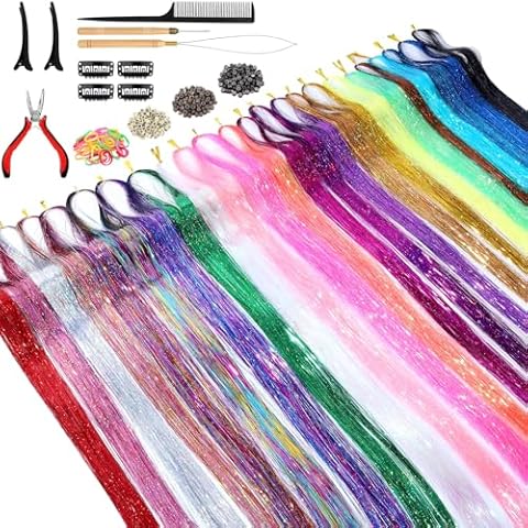 Hair Tinsel Kit (48 Inch, 24 Colors, 6000 strands), Tinsel Hair Extensions with Tools, Heat Resistant Glitter Hair Tinsel Kit for Women Hair Accessories Cover
