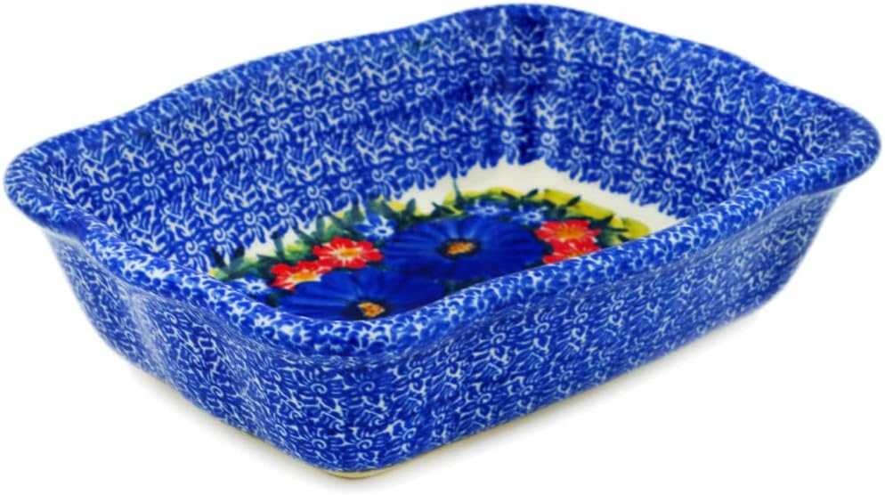 Polmedia Polish Pottery Rectangular Baker UNIKAT - Magnificent Cobalt Flowers Pattern Handmade in Boleslawiec Poland + Certificate of Authenticity
