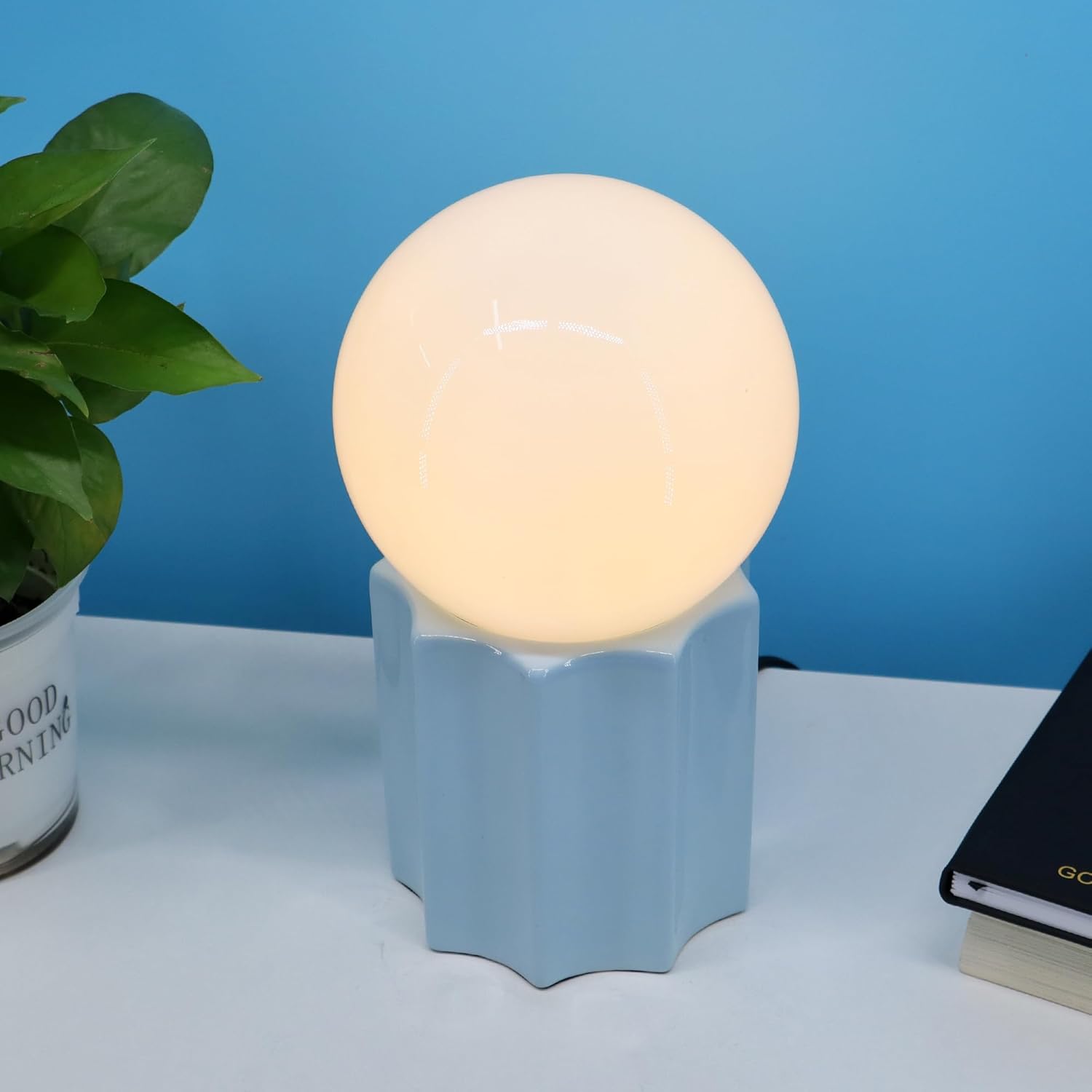 Modern Ceramics Table Lamp Blue Ceramic Base White Jade Round Ball Glass Accent Lamp
