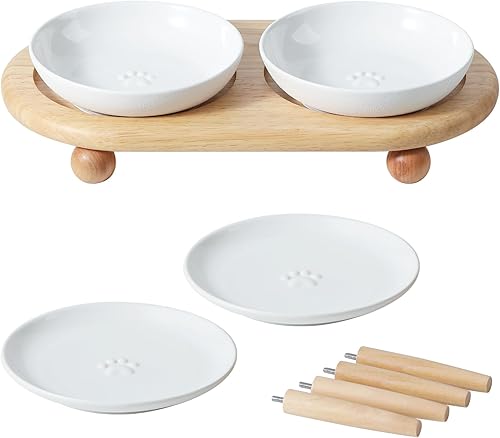 Miniatura 10 de Platos elevados de cerámica para gatos, cuenco para alimentos y agua con 2 estilos de soporte, juego de cuencos elevados ajustables para mascotas, 2