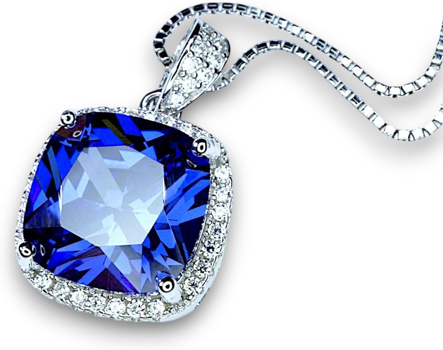 Large Tanzanite Necklace Square Cushion Deep Blue Lab Created Tanzanite Sterling Silver 18KGP December birthstone - anniversary gift; luxury birthstone jewelry 18+2" adjustable chain #696