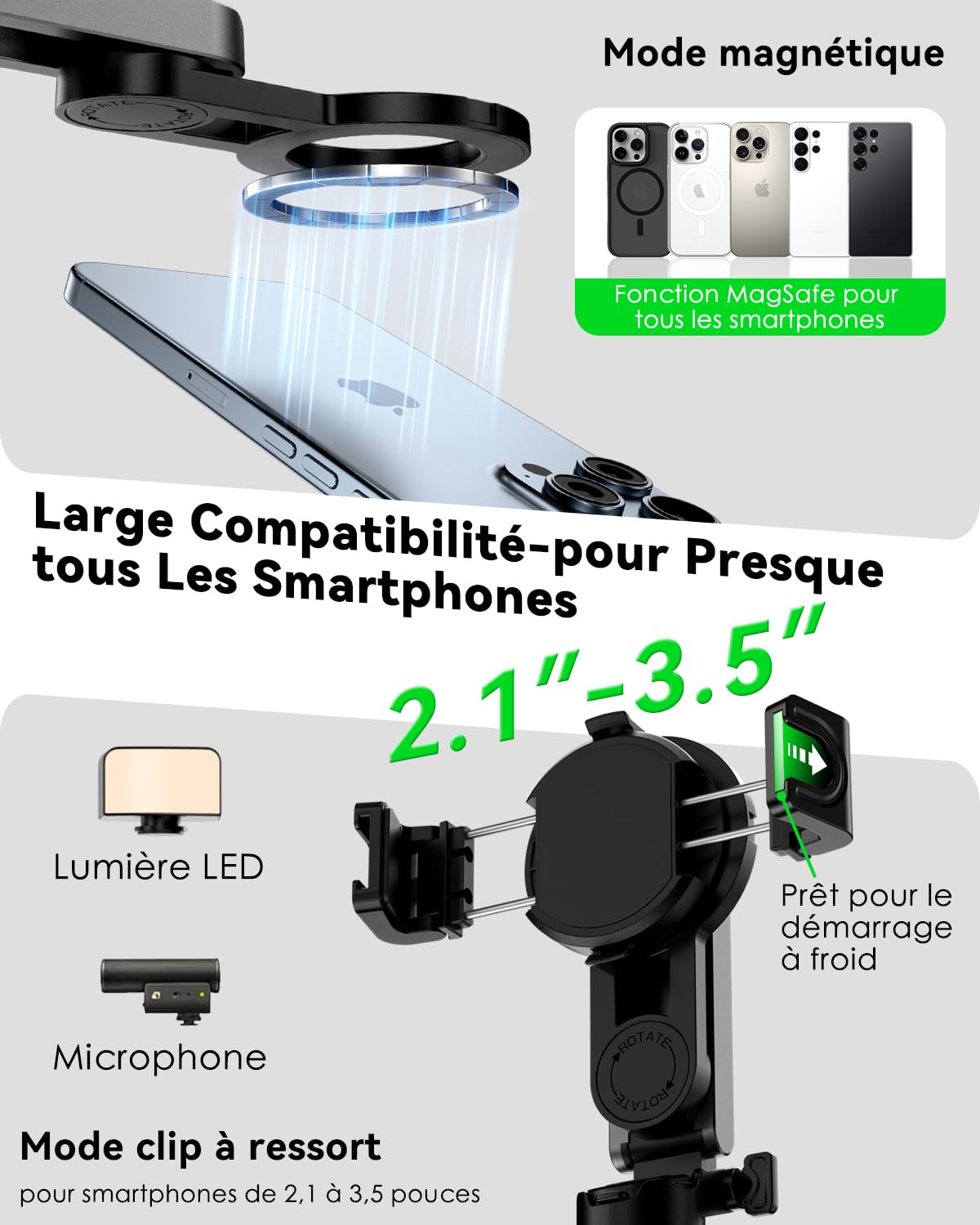 CloudValley Perche à selfie magnétique multifonction 4 en 1, mini support de téléphone portable avec télécommande amovible, compatible avec MagSafe, pour iPhone/Android, Vlog de voyage, diffusion en
