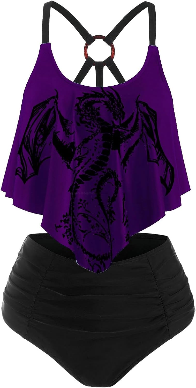 DRESSFO Women's Tankini Swimsuits Two Piece Padded Ruffled Flounce Bikini Set Ruched High Waisted Gothic Bathing Suit