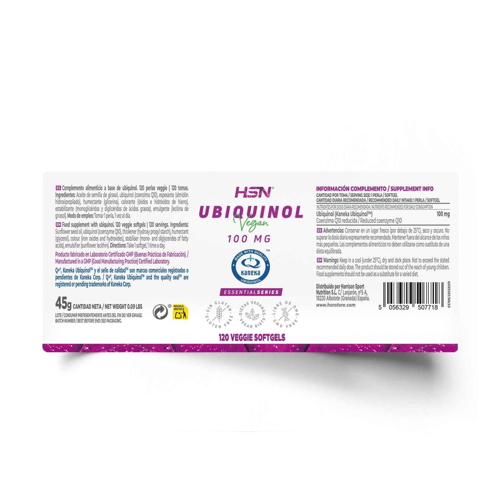 HSN Ubiquinol 100mg (Kaneka Ubiquinol™) Coenzima Q10 Reducida | 120 Perlas Veganas | Mayor Biodisponibilidad | No-GMO, Vegano, Sin Gluten