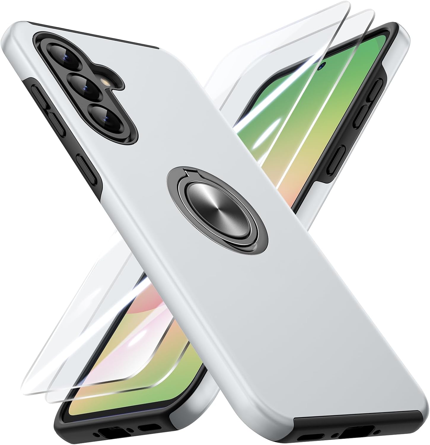 Doeshine Hülle für Samsung Galaxy A56 /A36 5G mit 2 Stück Schutzfolie, Militärschutz Kameraschutz Stoßfest Samsung A56 5G Hülle mit 360° Magnetischer Drehbarer Ständer, Silber