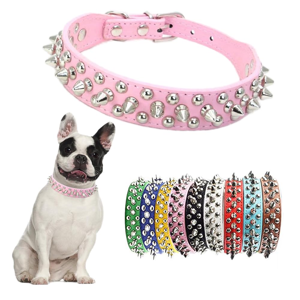 Pink Spiked Dog Collar for Medium Dogs,Mushroom Rivet Spike Puppy Collars Girls Boys Leather Studded Cat Collar Metal Buckle Durable Training for XXS
