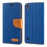 Custodia Flip in Tessuto Oxford e Pelle PU Compatibile con LG X Power, Cover Protettiva con Chiusura Magnetica e Tasche per Carte (Blu)