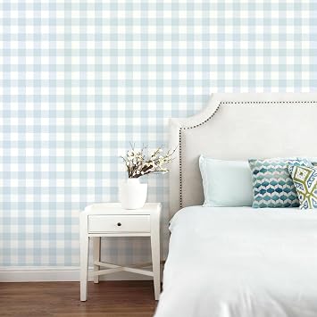 Plaid Peel and Stick Wallpaper Blue Boho Checkered Contact Paper, Removable Vinyl Self-Adhesive Plaid Wallpaper for Bedroom, Nursery Room, Study Room, Living Room, 17.7"x78.7"