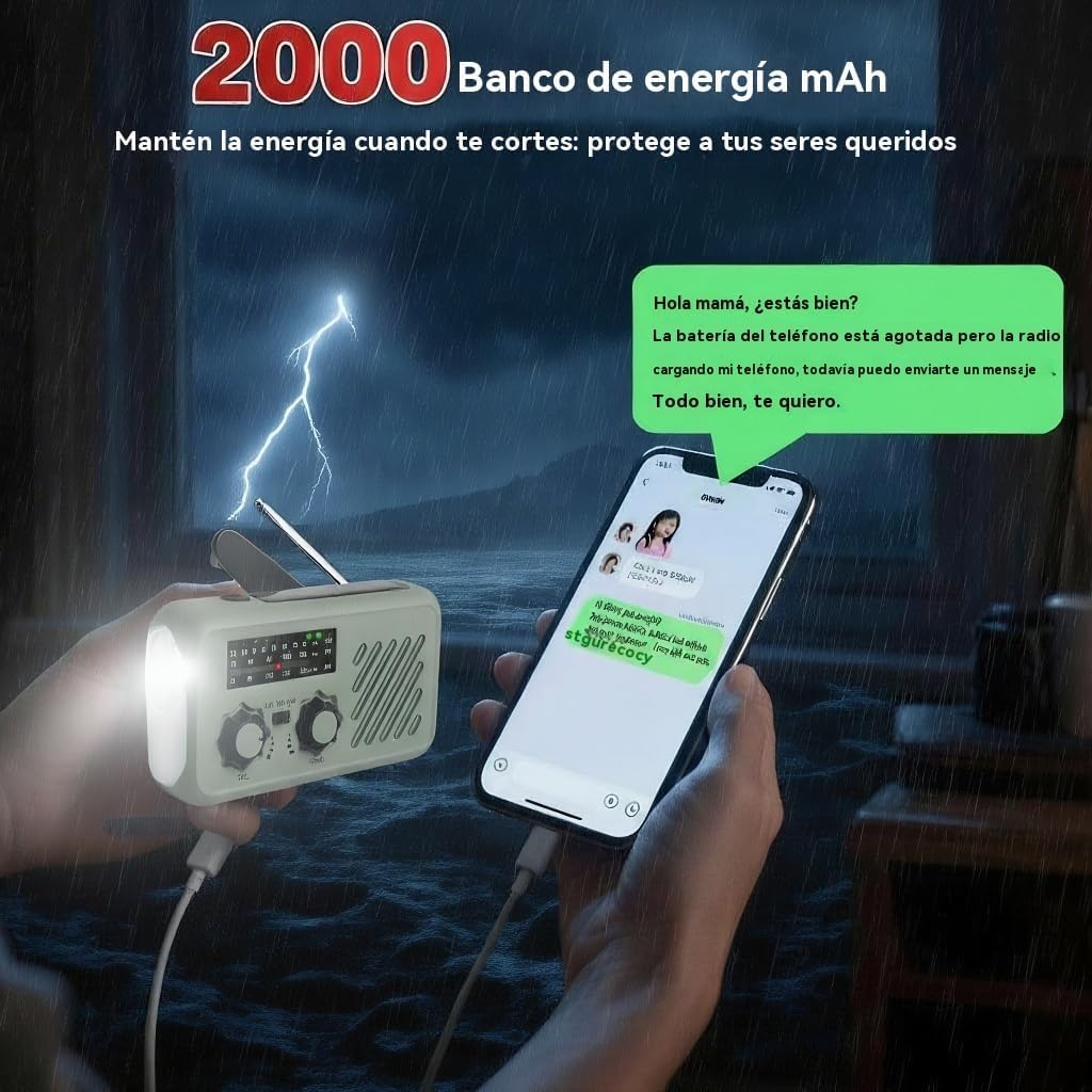 Radio de Emergencia Solar y Manivela, Radio FM/AM Portátil con Linterna LED, Luz de Lectura y Powerbank 2000mAh, Alarma SOS – Ideal para Camping, Regalo Hombre y Apagones