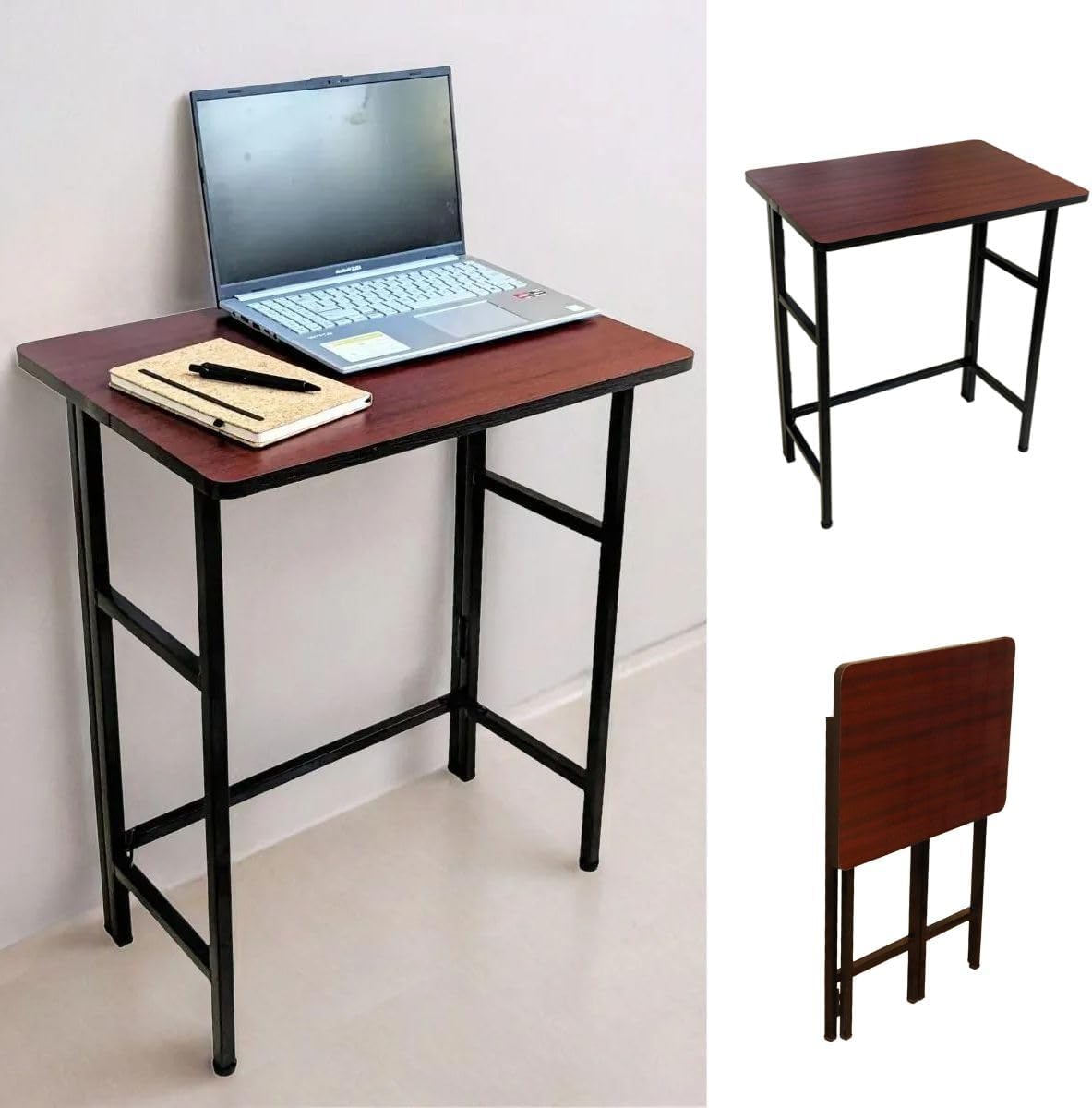 ANEXO Metal Folding Computer Work from Home Table for Laptop Study Office Foldable Desk (Mahogany No Tray)