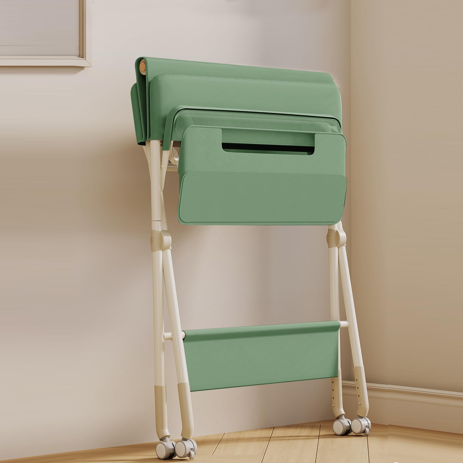 Table a Langer Pliante avec Panier de Rangement,Structure en Fer Charge Max 15KG,Réglable en Hauteur,Table à Langer Mobile pour Nouveaux-Nés,80 * 73 * 94 cm (Vert,)
