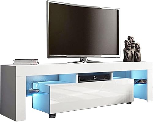 DEYIOU Moderno soporte de TV para TV de 45, 50, 55, 60, 65 pulgadas, gabinete de TV de alto brillo con luces LED, centro de entretenimiento, mesa de