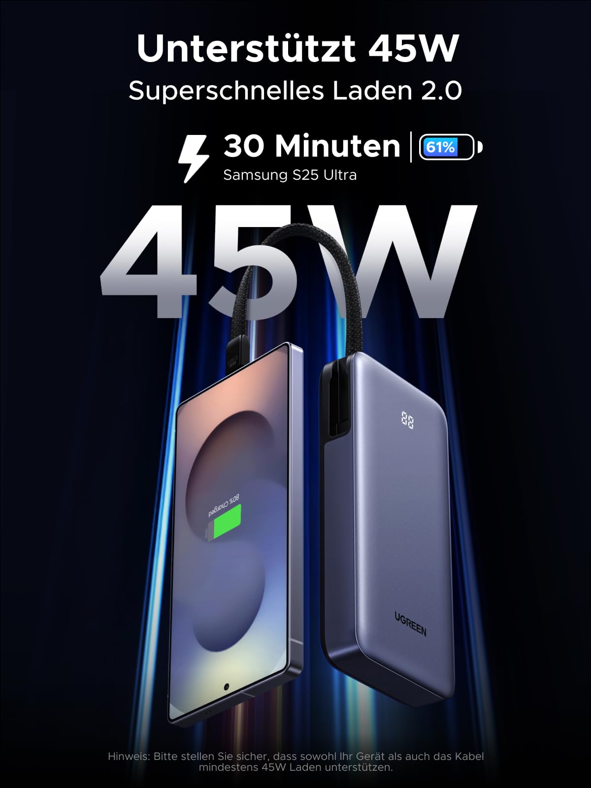 UGREEN Power Bank, 20000mAh 45W Schnellladen mit Integriertem USB-C Kabel & Bidirektionalem 45W PD, Externe Handyakkus Kompatibel mit Galaxy S25 Ultra/S25+, iPhone 17/16 Serie, iPad, Laptop und mehr