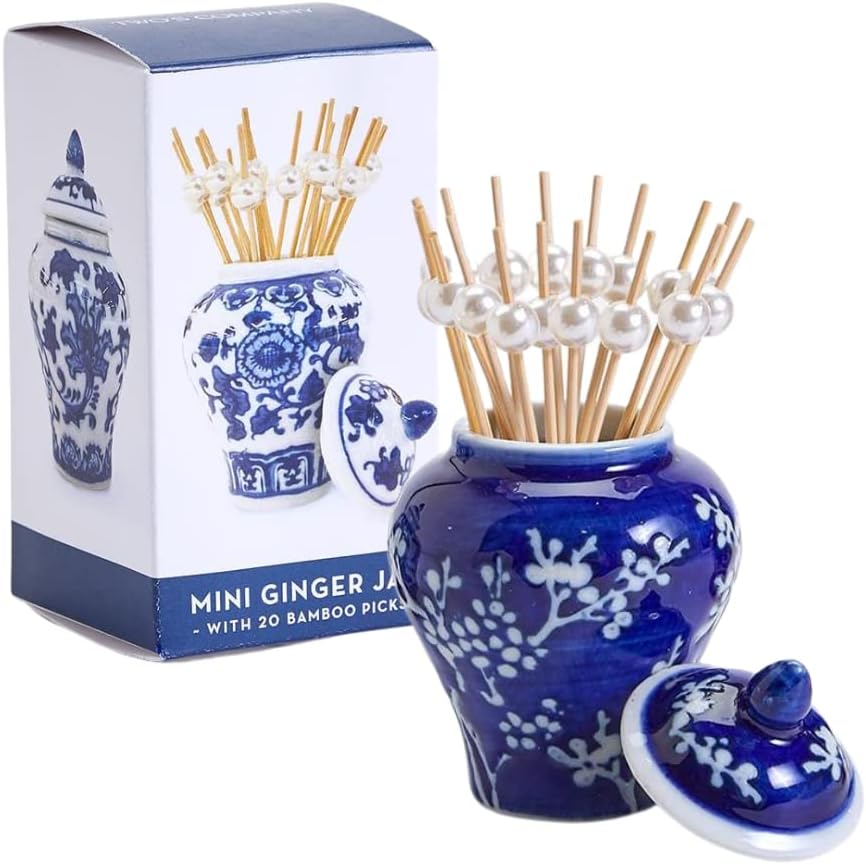 Two's Company Bamboo and Rose Mini Ginger Jar with 20 Bamboo Picks in Gift Box Assorted 3