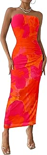 Women's Strapless Tube Top Dress Summer Tie Dye Floral Bodycon Wedding Guest Maxi Slit Dresses Vacation & Party Club