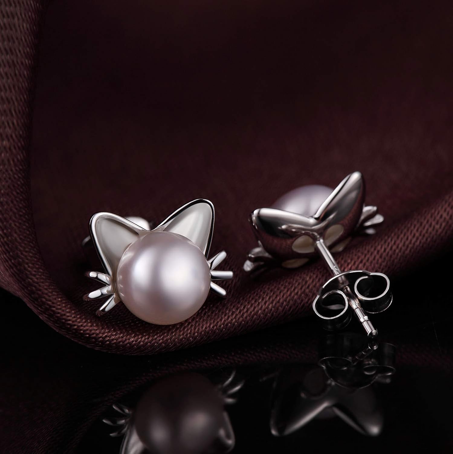 Pearl Cat Earrings 925 Sterling Silver Cat Ear Earrings Freshwater Pearl Stud Earrings, Cute Pearl Cat Stud Earrings for Women,Come with Gift Box