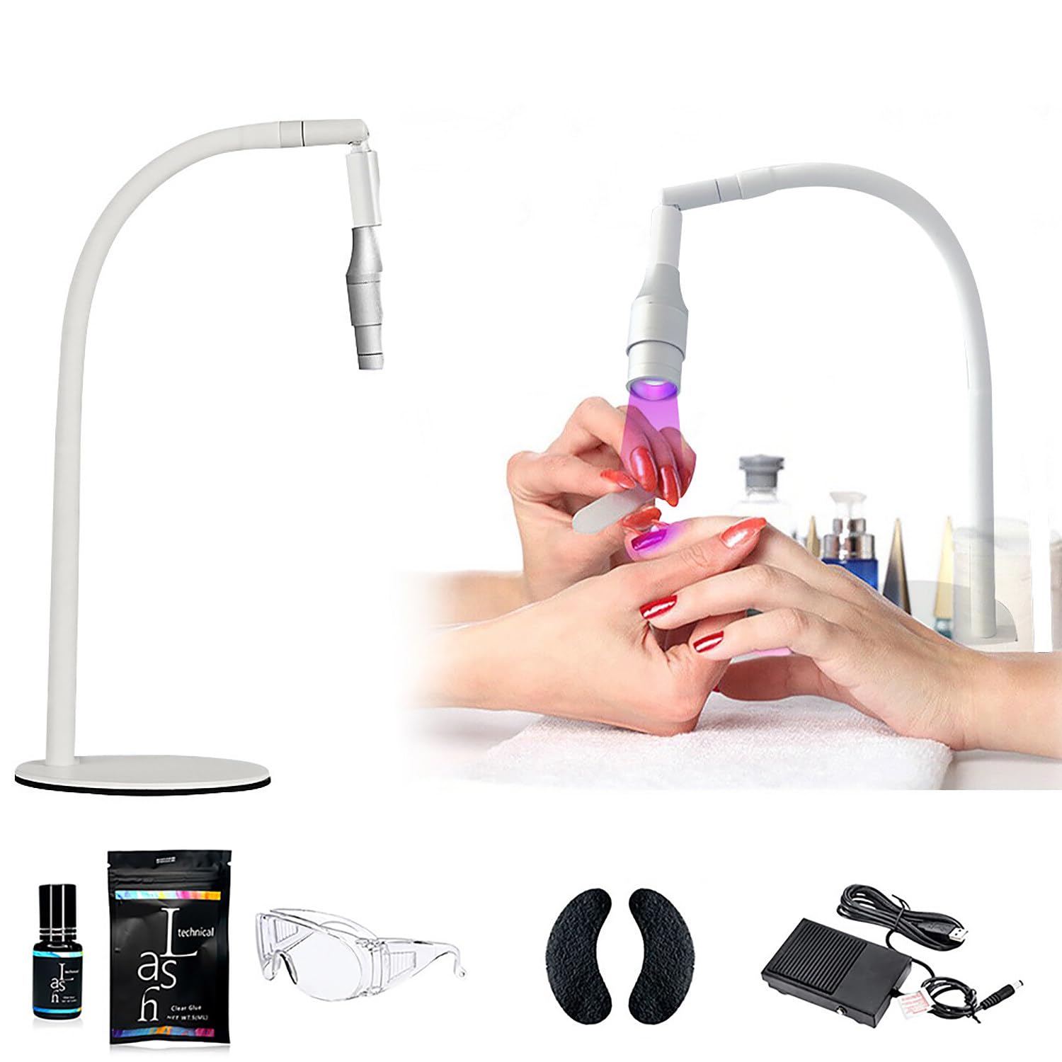 New UV Desk Lamp for Nail Tech/Eyelash Extensions, UV Light For Gel Nails with Foot Pedal/ Protective Glass/UV Glue/Eye Patches, Removable Lamp Head, Adjustable Spot Size, For Beauty Salon,White