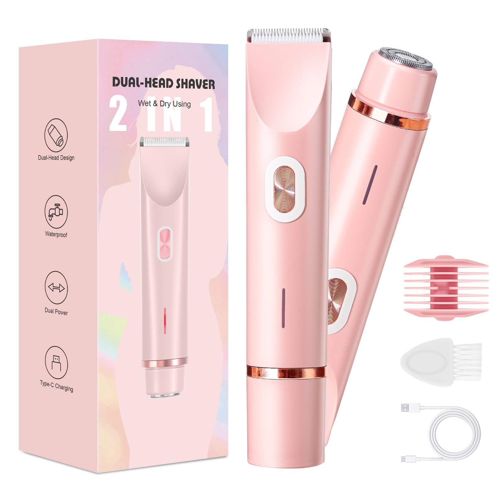 Rasoio da donna, 2 in 1, a doppia testa, con ricarica USB-C, rasoio elettrico da donna, per viso, gambe e braccia, bikini trimmer con testa di taglio impermeabile, facile da pulire