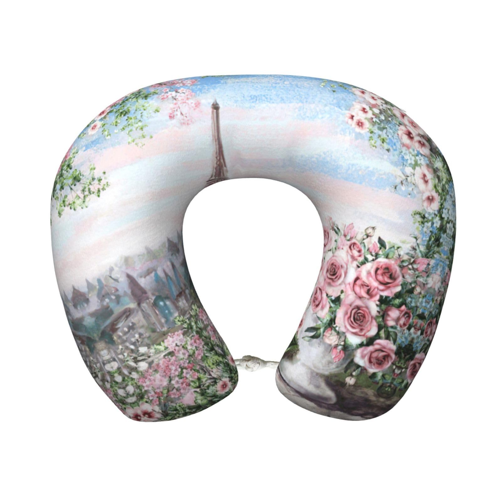 ASFgda U-Shape Memory Foam Paris Eiffel Tower With Flowers Print Travel Pillow,Neck Support,Washable Cover For Airplane Car Home Office