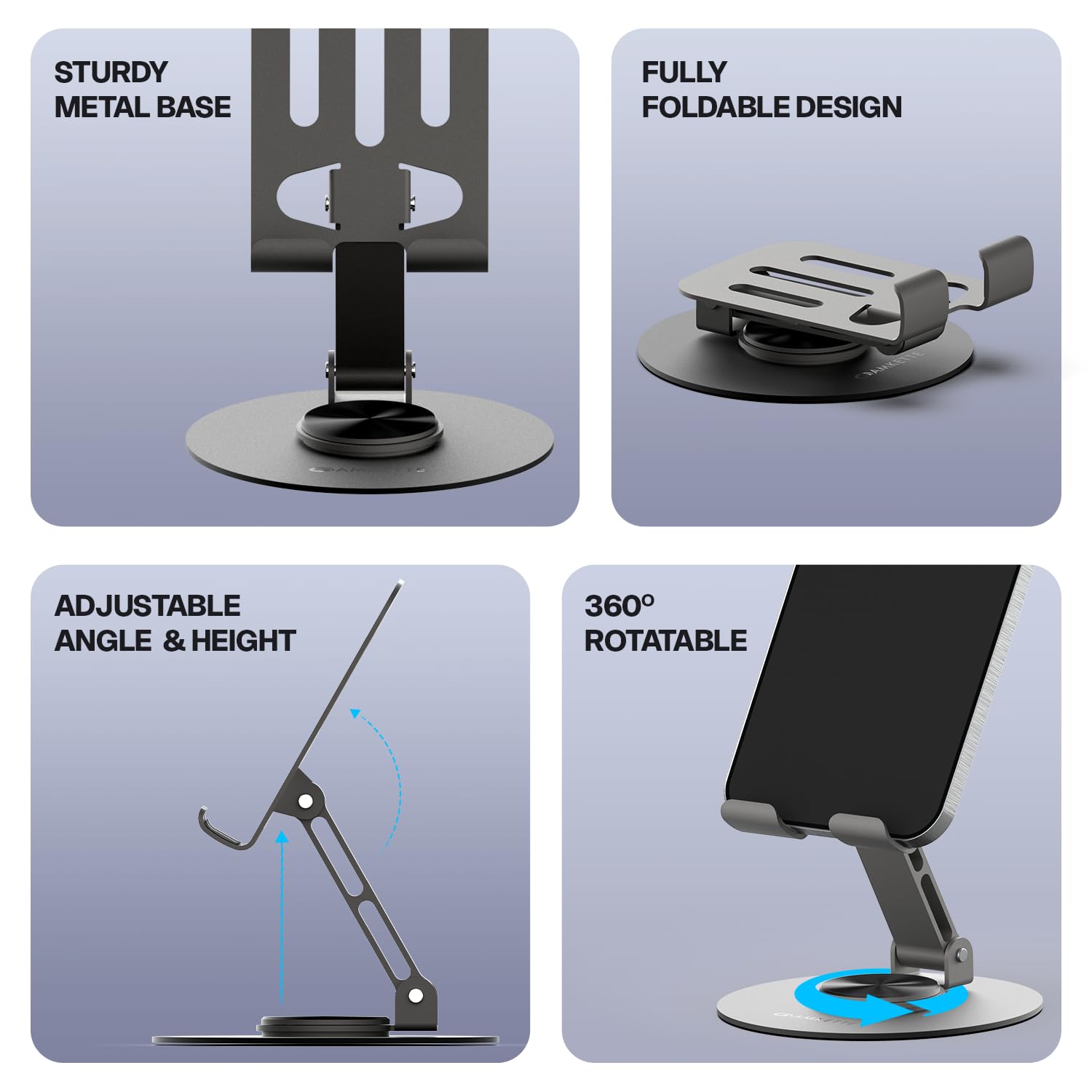 Amkette Ergo 360° Alloy Mobile Stand for Desk, Foldable Design with Stable Rotational Metallic Round Base, Multiple Height & Angle adjustments for Smartphones, Tablets & iPad (Grey) — Amazon image 2