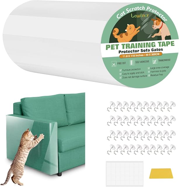 Lewondr Anti Scratch Cat Furniture Protector, 11.8 x 118 Clear Couch Protector for Cats, Single Side Cat Scratching Deterrent Training Tape with 40 Pins + 40 Nano Tapes for Sofa, Couch, Carpet, Door